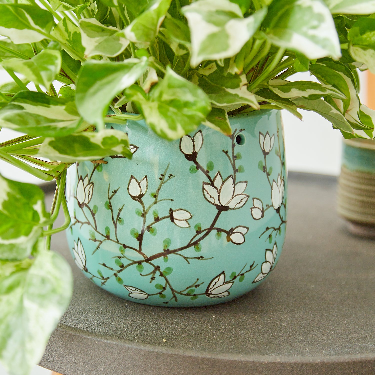 tabletop plant hanger Light Blue Hanging Planter with Macrame Plant Hanger