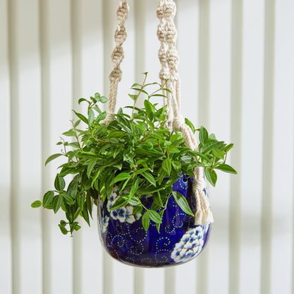hanging planter with drainage Dark Blue Hanging Planter with Macrame Plant Hanger – GomQ