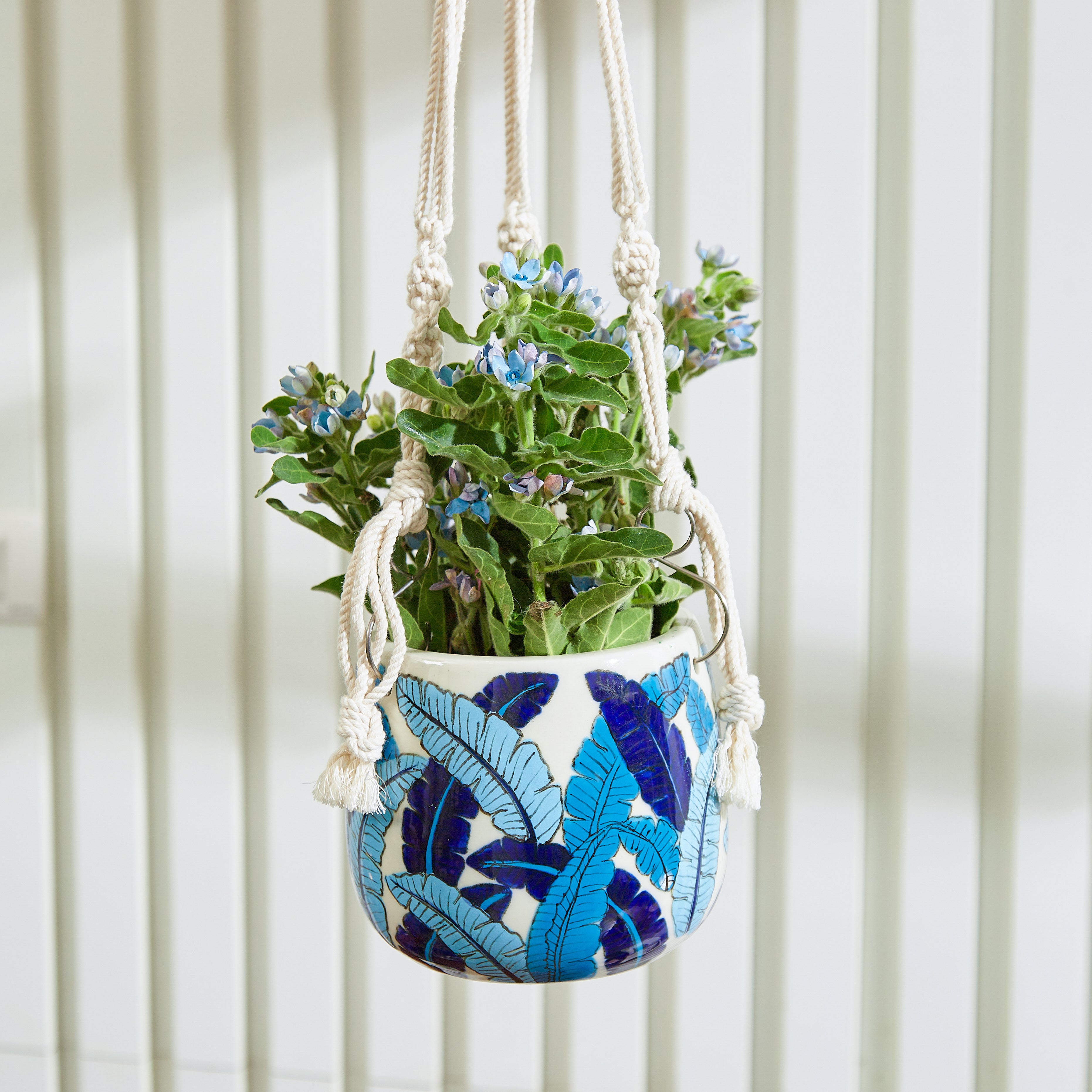 blue macrame plant hanger Blue Leaf Hanging Planter with Macrame Plant Hanger