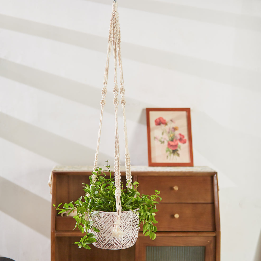 Hanging Planter  - Macrame Plant Hanger - 6 inch planter - Drainage Hole